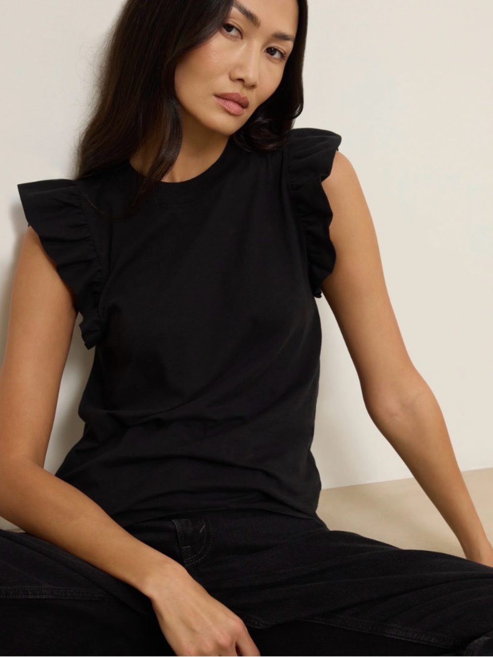 Set the Stage Ruffled Sleeve Black Tank Top